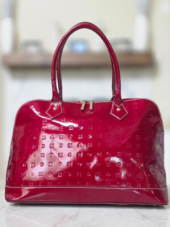 Arcadia Handbags - Arcadia Italian Patent Leather Monogram Zip Satchel in Cherry Red